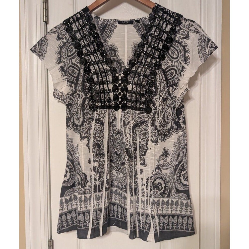 Vintage Apt. 9 Paisley Beaded Tunic Top Black & White Cap Sleeve Y2K Whimsigoth